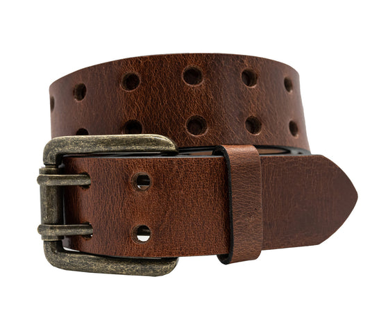 Full Grain Buffalo Leather 2-Hole Jeans Belt - Crunch Finish - Red Brown