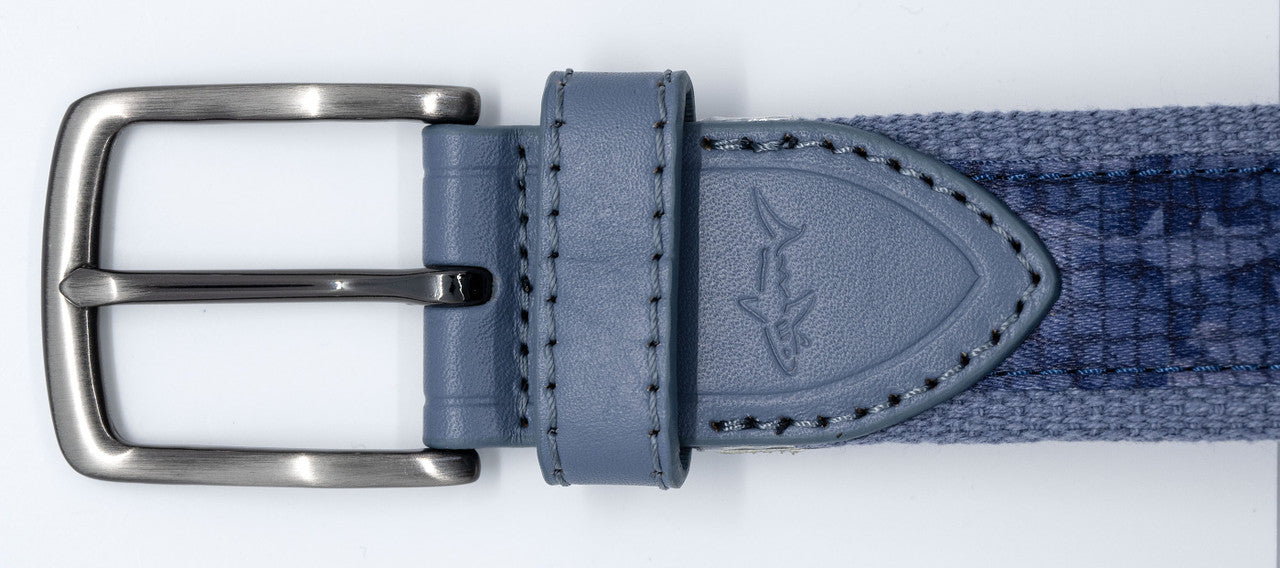 Greg Norman Ribbon / Embroidery Golf Belt with Shark Ribbon Inlay - Gray/Navy