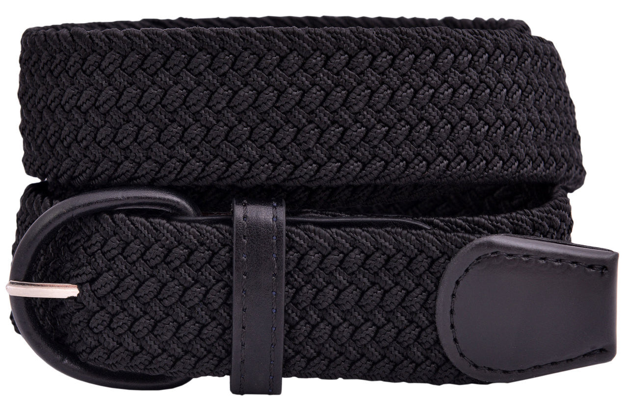 Leather Covered Buckle Woven Elastic Stretch Belt 1-1/4" Wide - Black