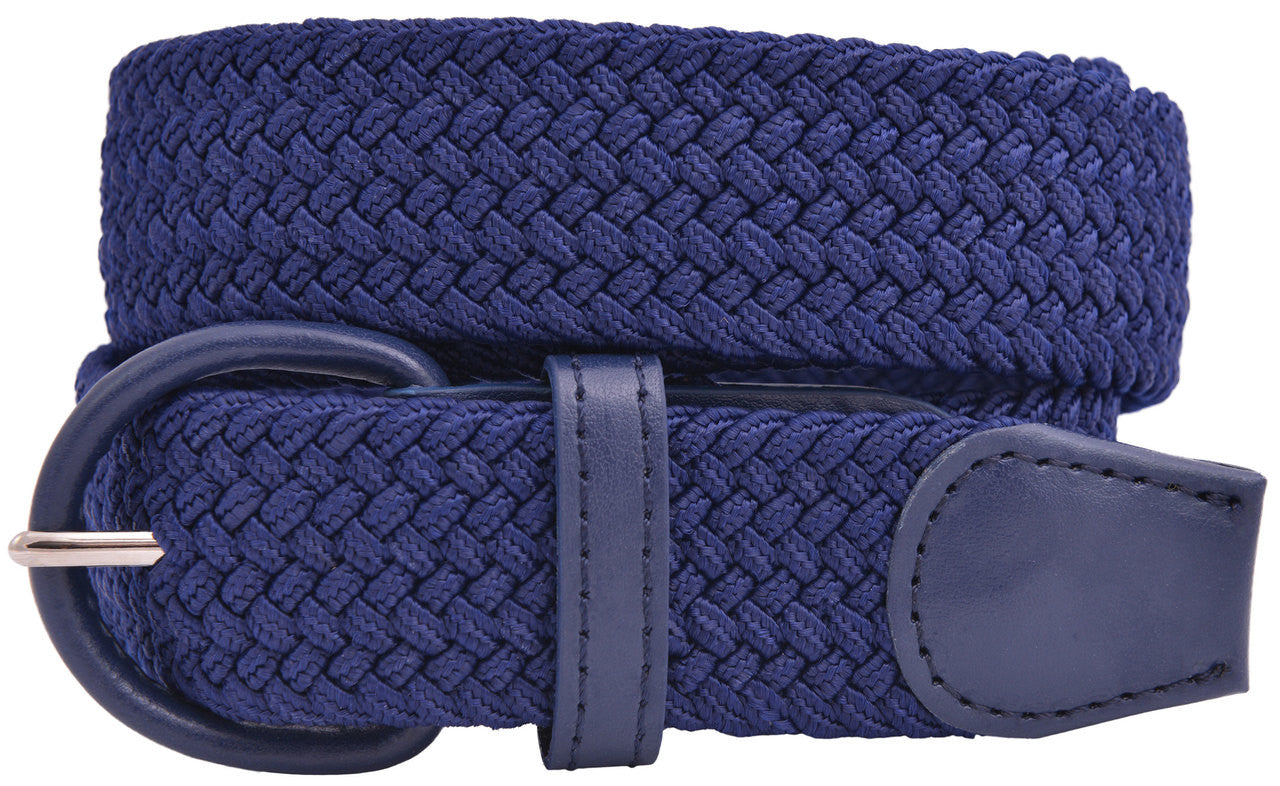 Leather Covered Buckle Woven Elastic Stretch Belt 1-1/4" Wide - Navy