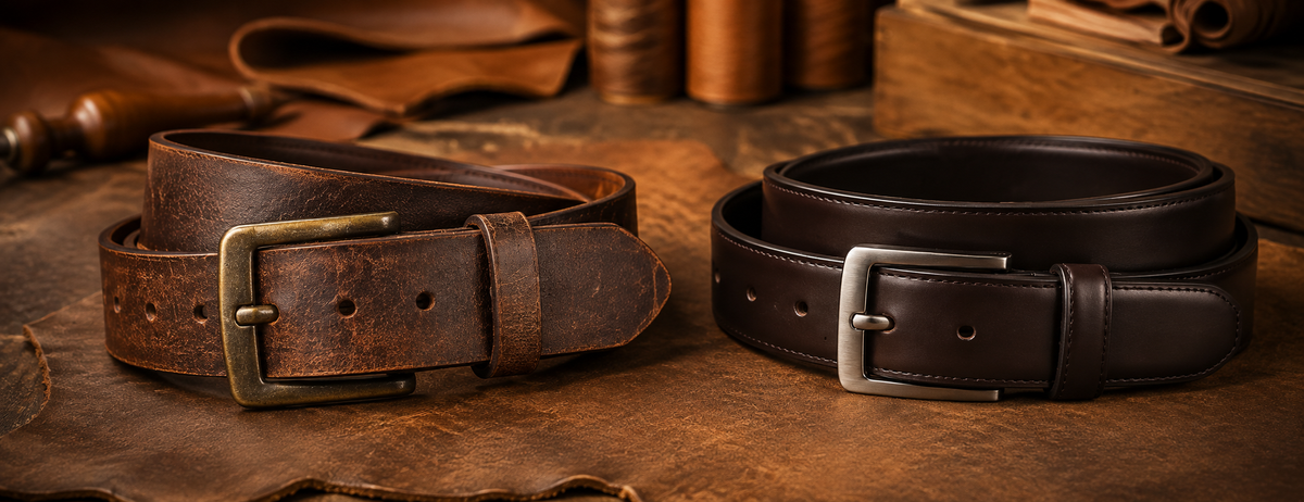 Crazy Horse leather belt compared with a smooth finished leather belt