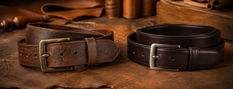 Crazy Horse leather belt compared with a smooth finished leather belt
