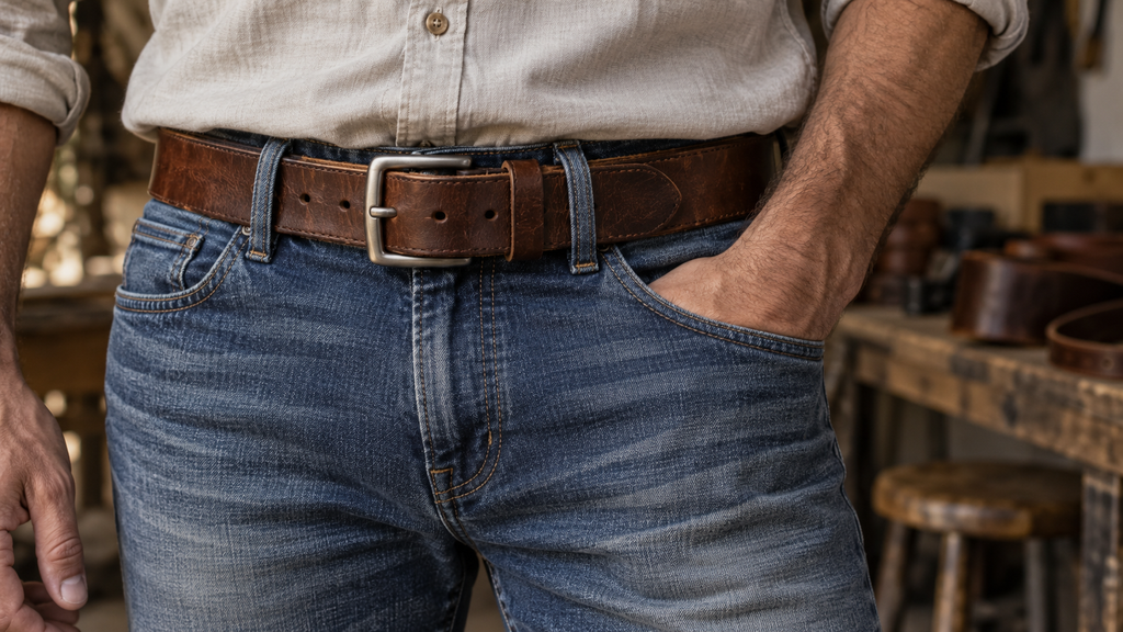 Brown full-grain leather belt worn with blue jeans
