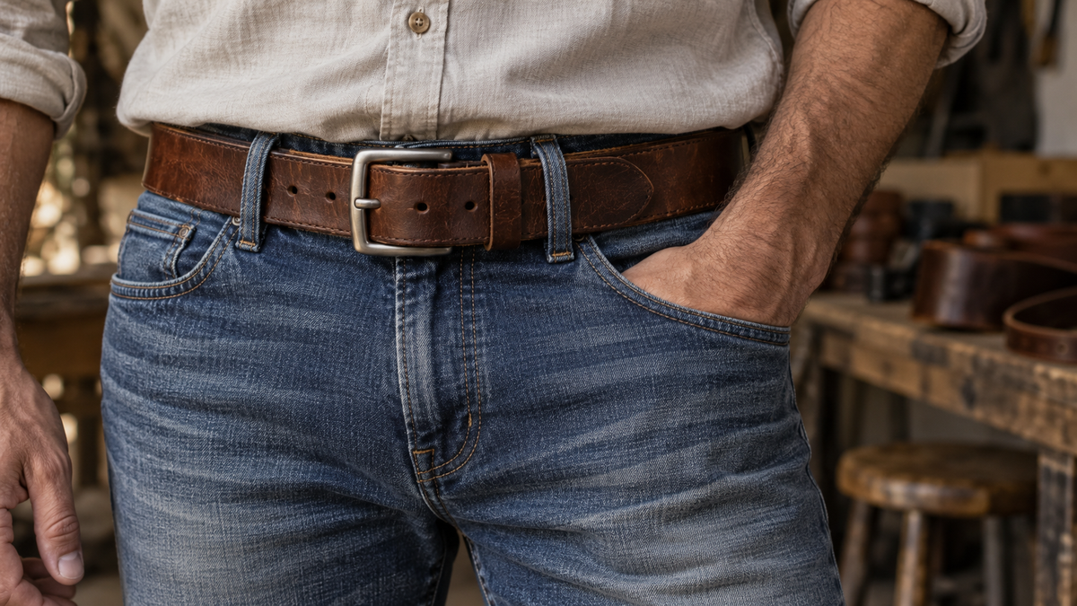Brown full-grain leather belt worn with blue jeans