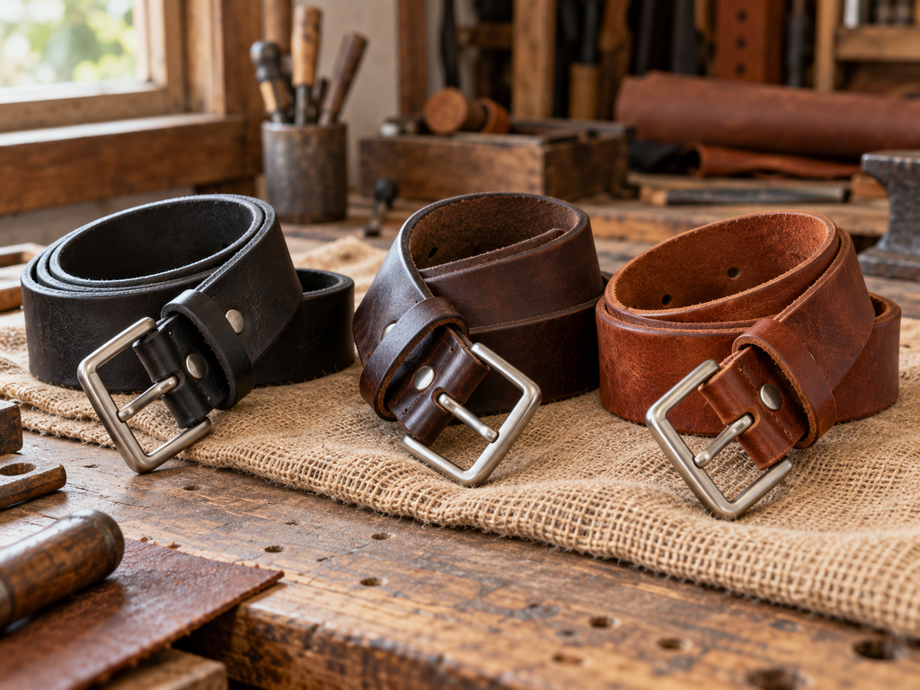 Black, brown, and russet heavy-duty leather belts on a leatherworker’s workbench.