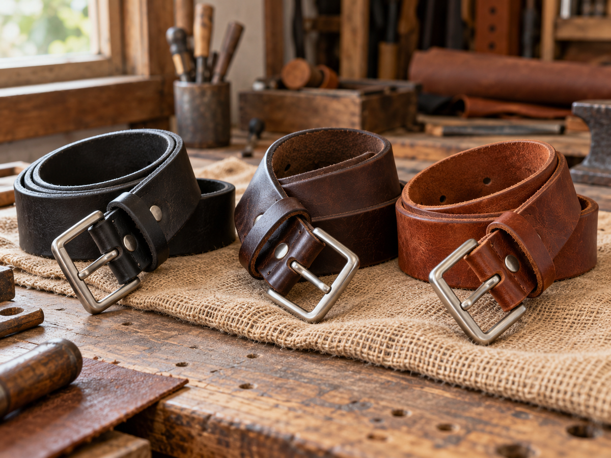 Black, brown, and russet heavy-duty leather belts on a leatherworker’s workbench.