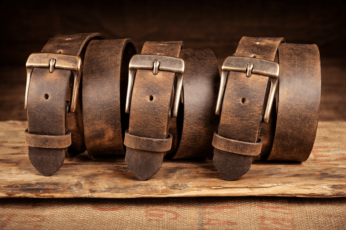 Close-up of Crazy Horse leather showing its waxed pull-up finish and natural color variation