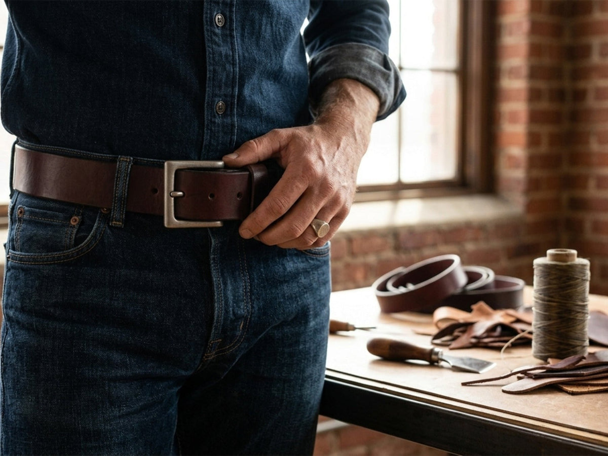 Man wearing a dark burgundy full-grain latigo leather belt with jeans in a leather workshop