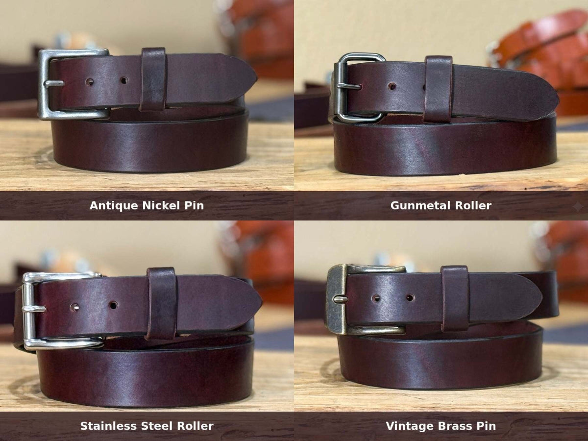 Four buckle choices for the dark burgundy latigo belt: antique nickel pin, gunmetal roller, stainless steel roller, and vintage brass pin