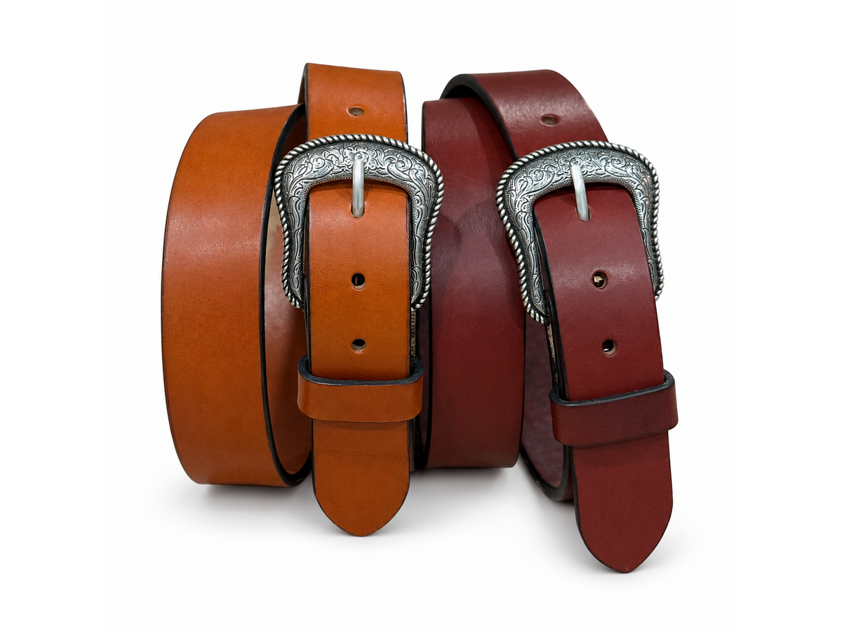 Bourbon and Chestnut bridle leather belts with Engraved Floral buckles
