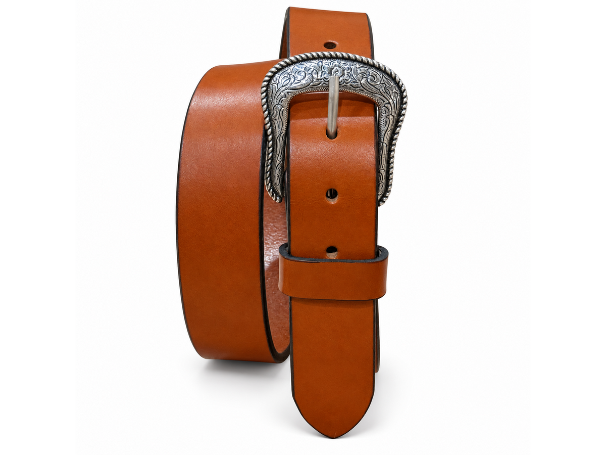 Bourbon bridle leather belt with an Engraved Floral buckle