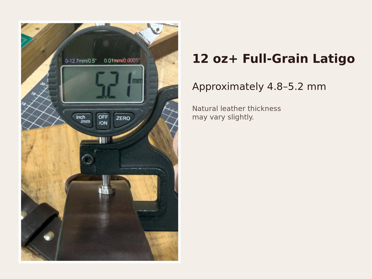 Caliper measuring burgundy latigo leather at 5.21 millimeters, within the natural 12-ounce-plus range