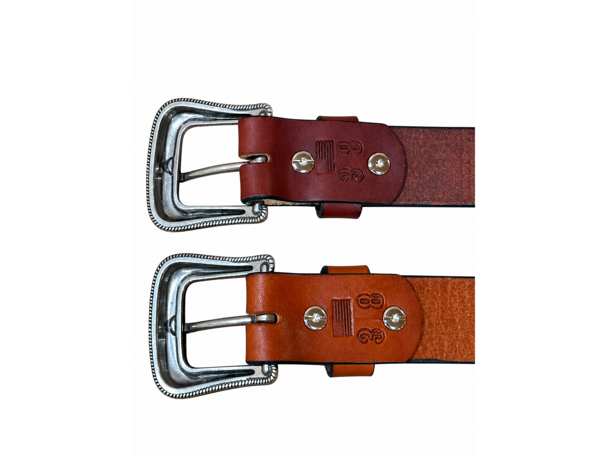 Back detail of Chestnut and Bourbon bridle leather belts showing buckle attachments and size 38 stamps