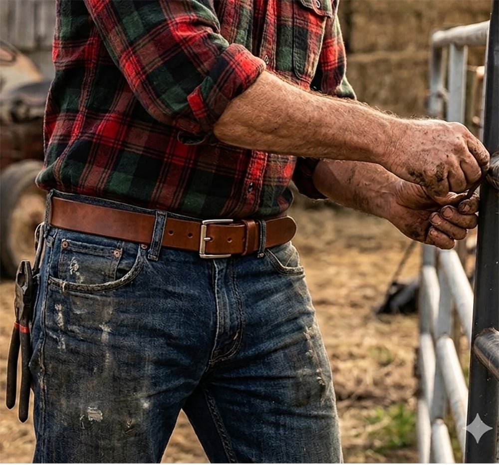 Person wearing a plaid shirt and jeans with a tool belt, standing in a field.
