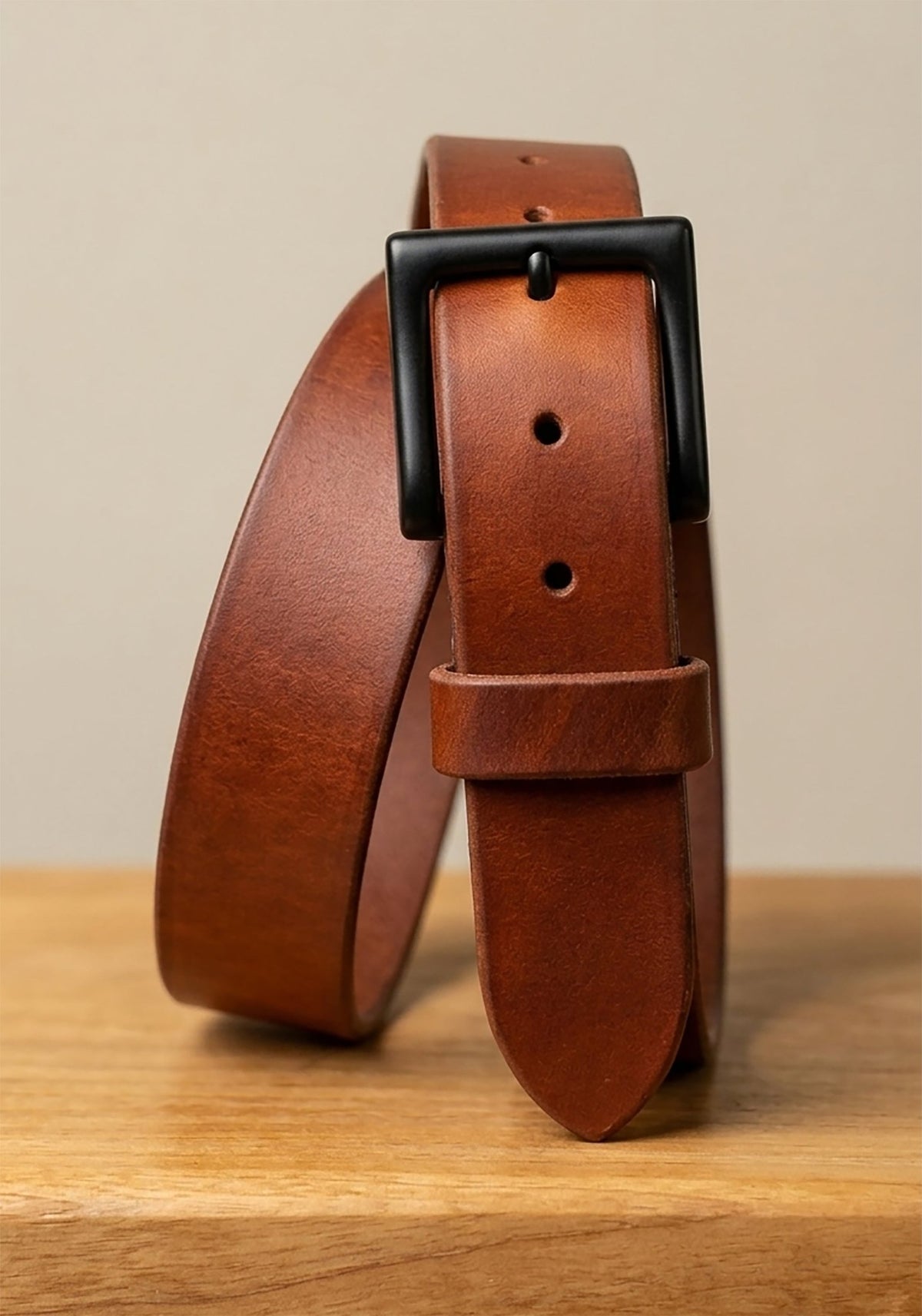 Brown leather belt with a black buckle on a wooden surface