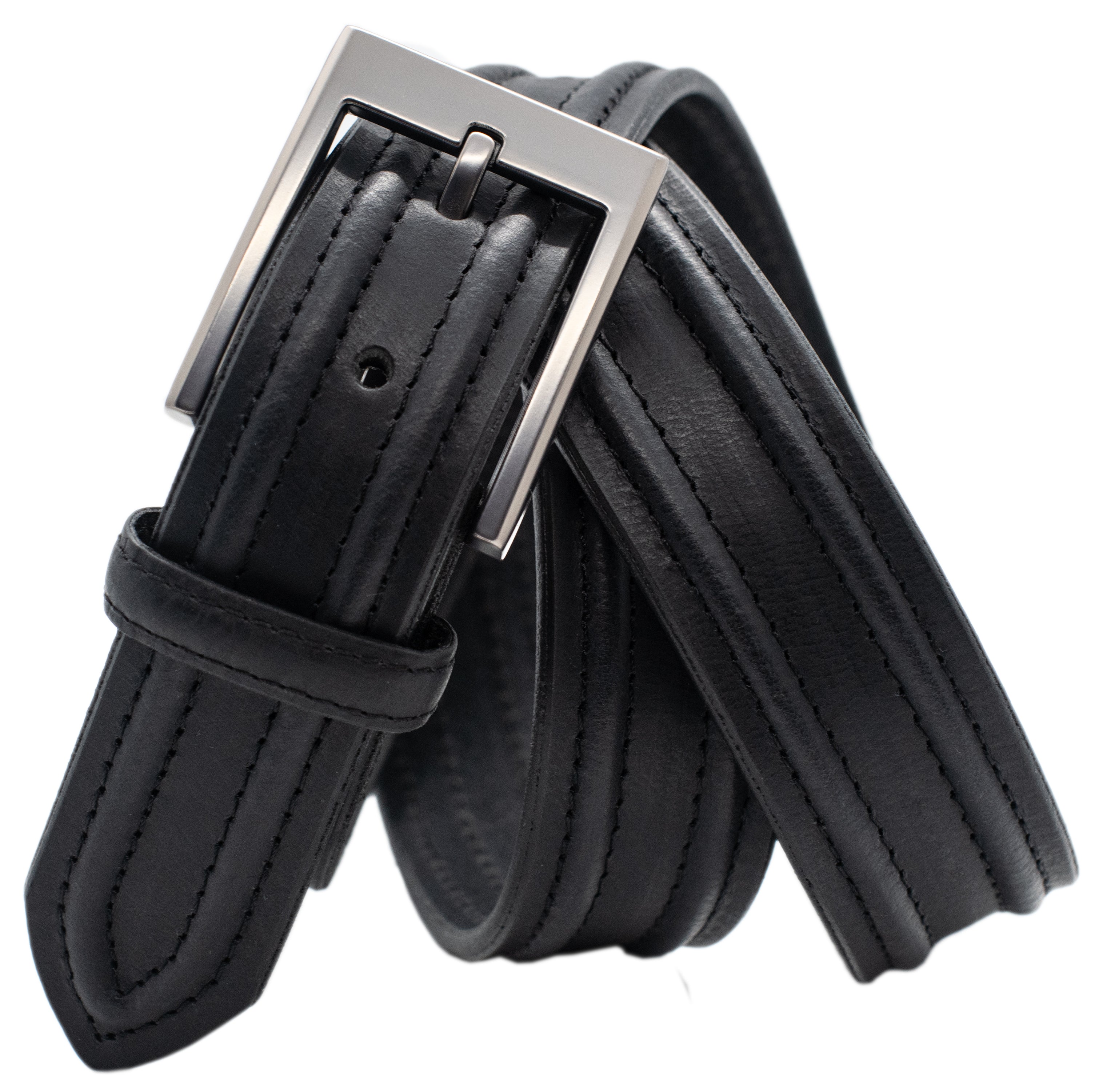 Buffalo Leather Dress Belts with Raised Ridge Accent - Black