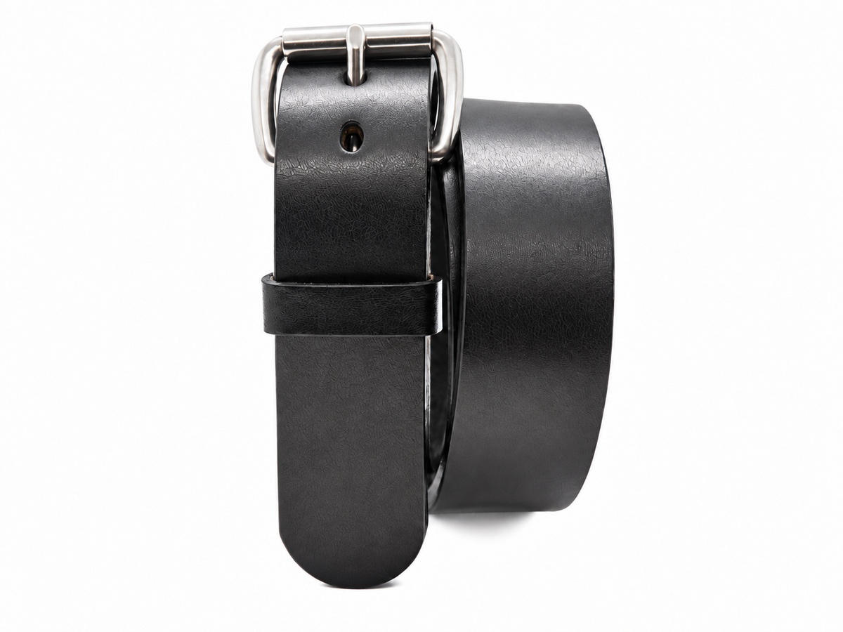 A 1.5" Amish Made full grain black leather belt with a stainless steel roller buckle, neatly coiled on a solid white background.