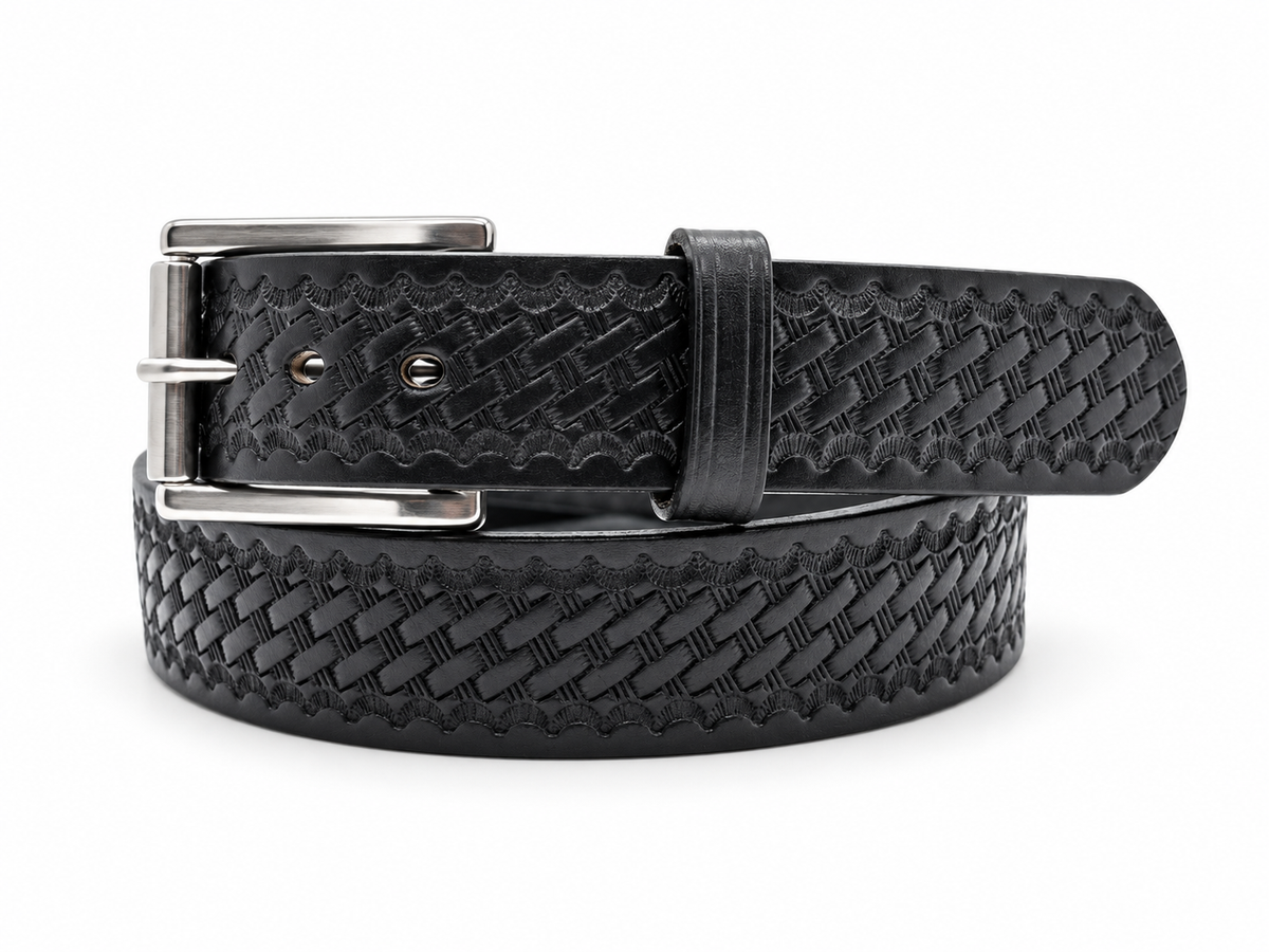 A 1.5" Wide Amish Made Black Leather belt with a basket weave embossed print and a stainless steel roller buckle.  The belt is presented on a white background.