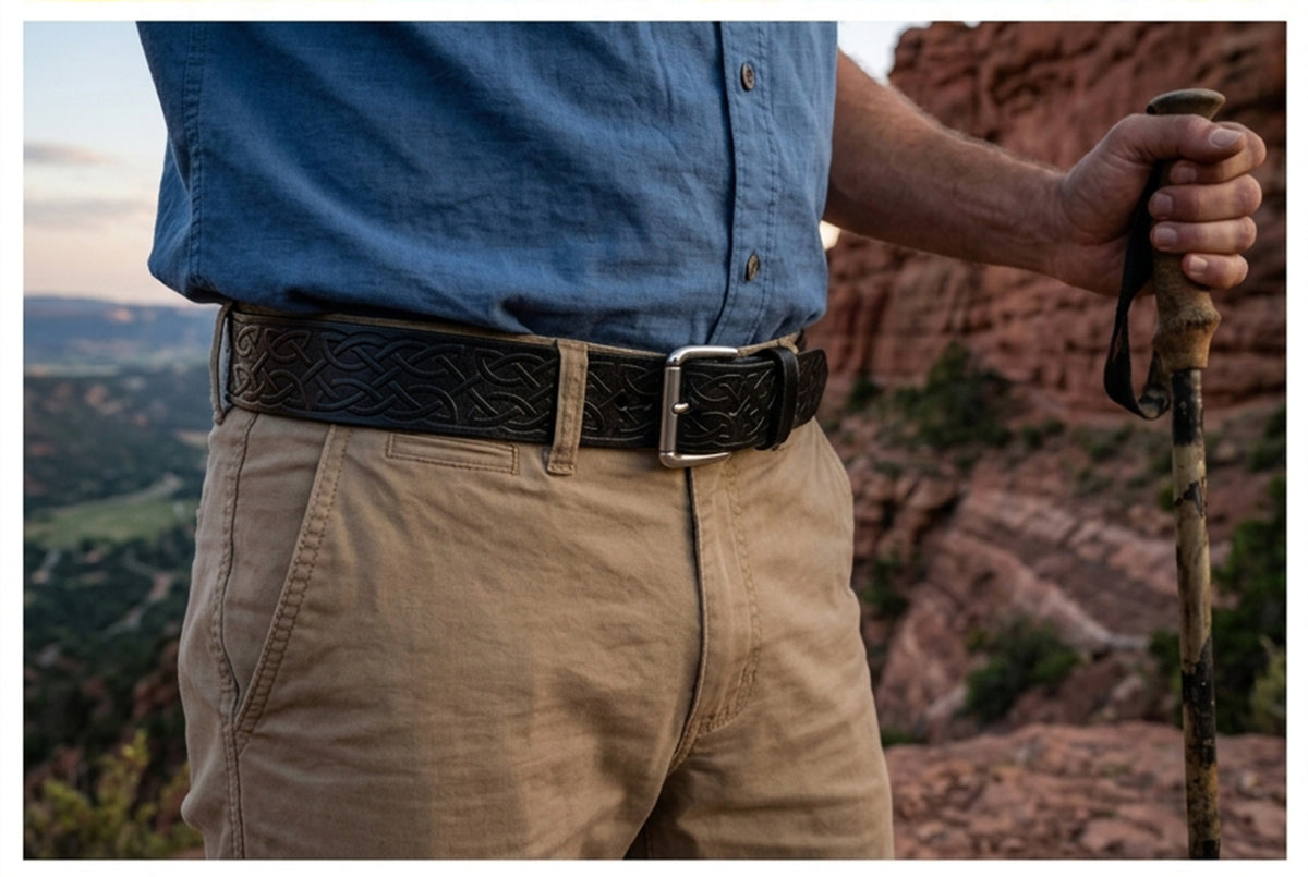 Man wearing a black Celtic knot embossed leather belt with khaki pants while hiking in Colorado.