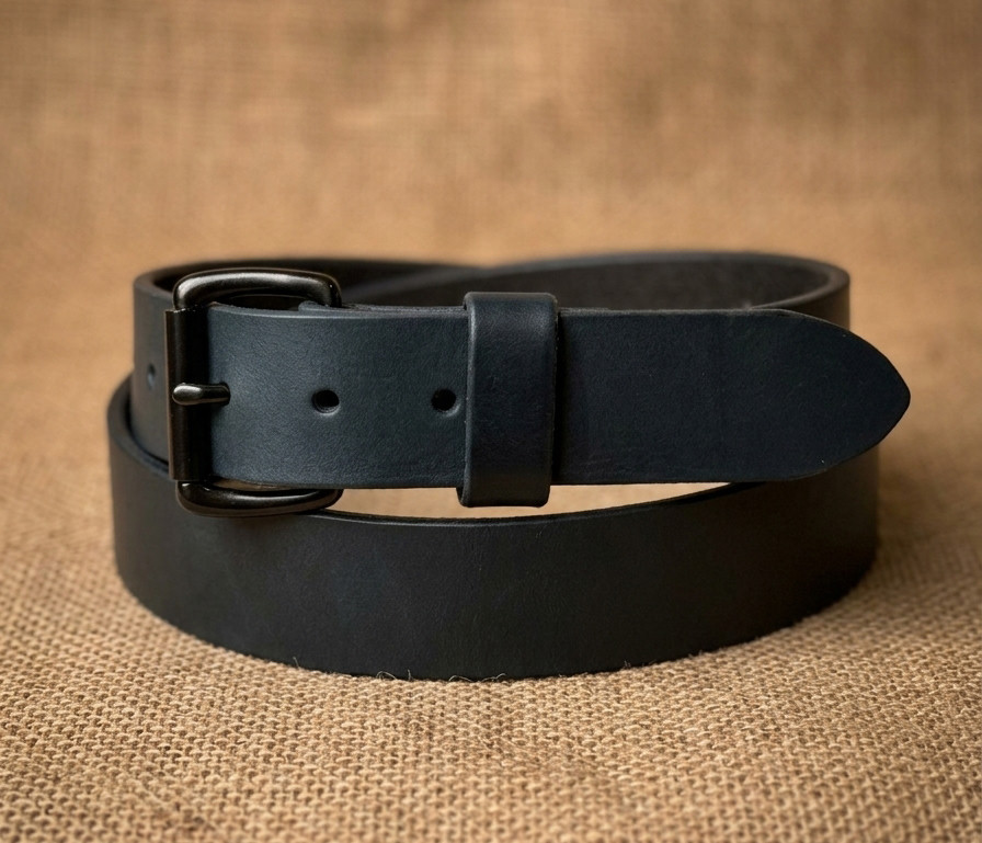 Full Grain Black Latigo Leather Belt coiled with a black roller buckle on burlap.