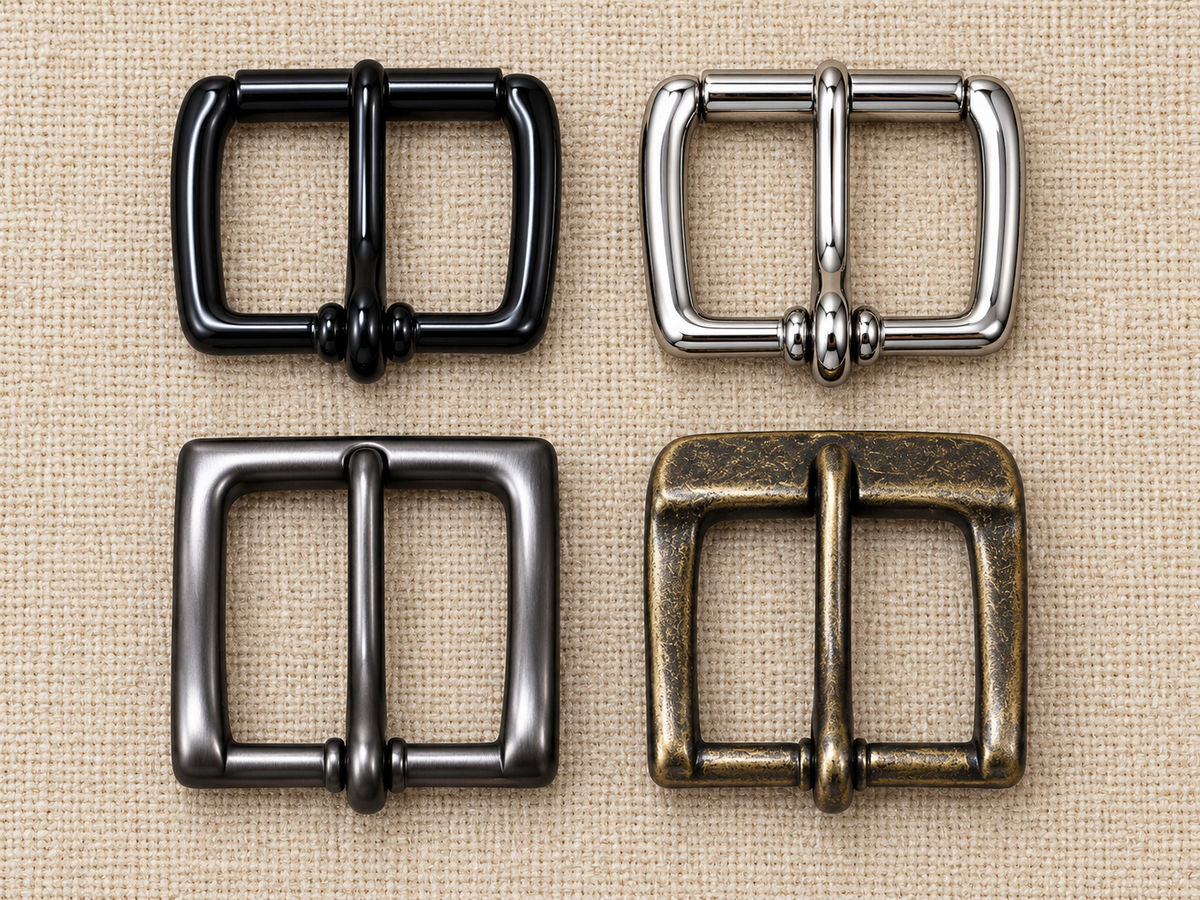 Full Grain Black Latigo Leather Belt buckle options in black, silver, gunmetal, and antiqued finishes.