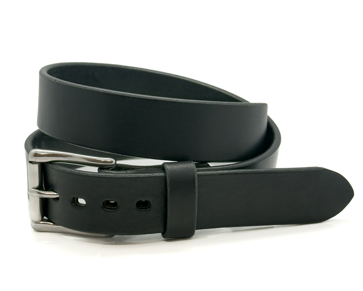 Black leather belt with a silver buckle on a white background