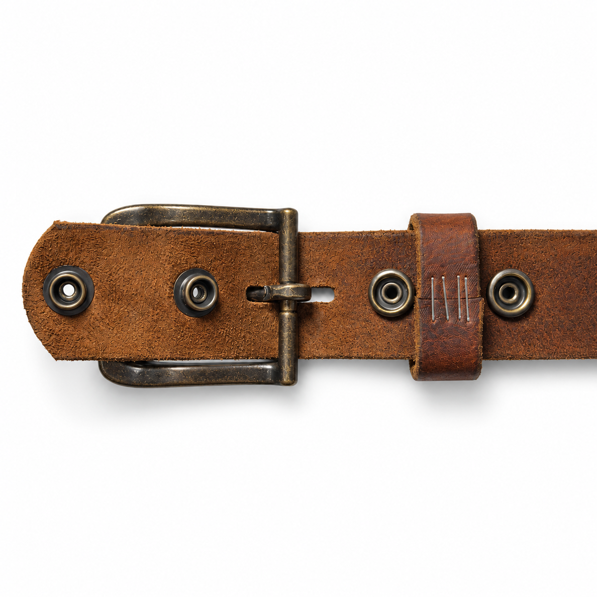 Bourbon brown Crazy Horse leather belt with its snap closure opened, showing the removable pin buckle and matching keeper.