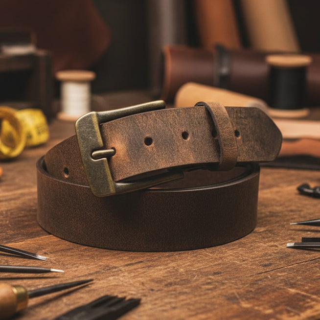 Brown leather belt with brass buckle on a white background