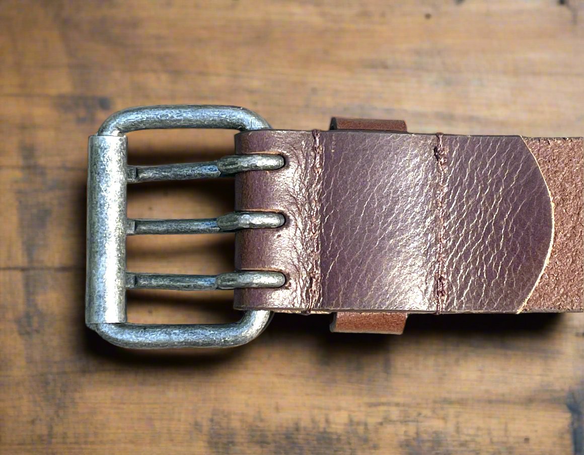 Triple Prong Belt Buckle - Three hole Leather Belt - Brown