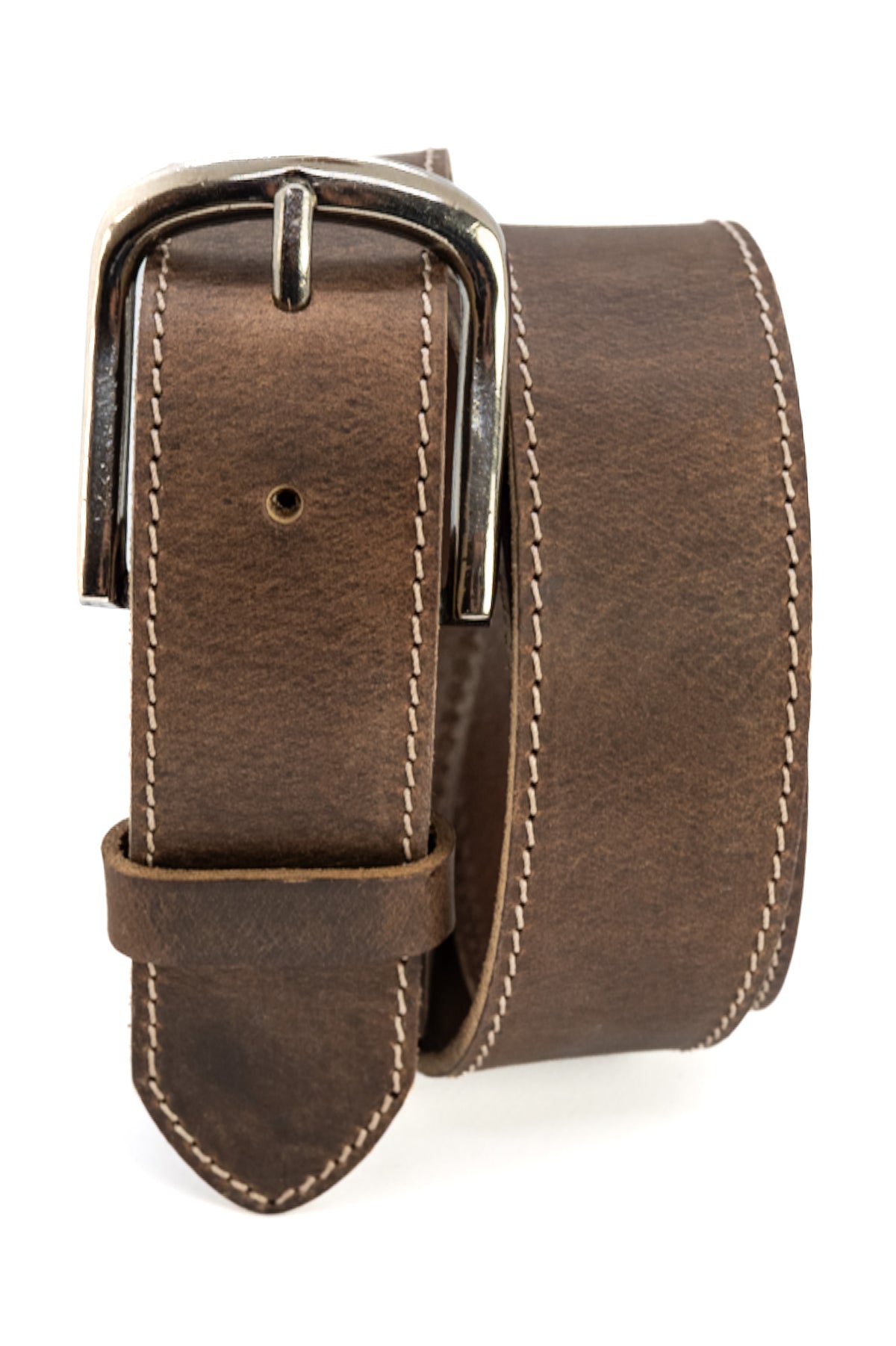 Brown leather belt with a silver buckle on a white background