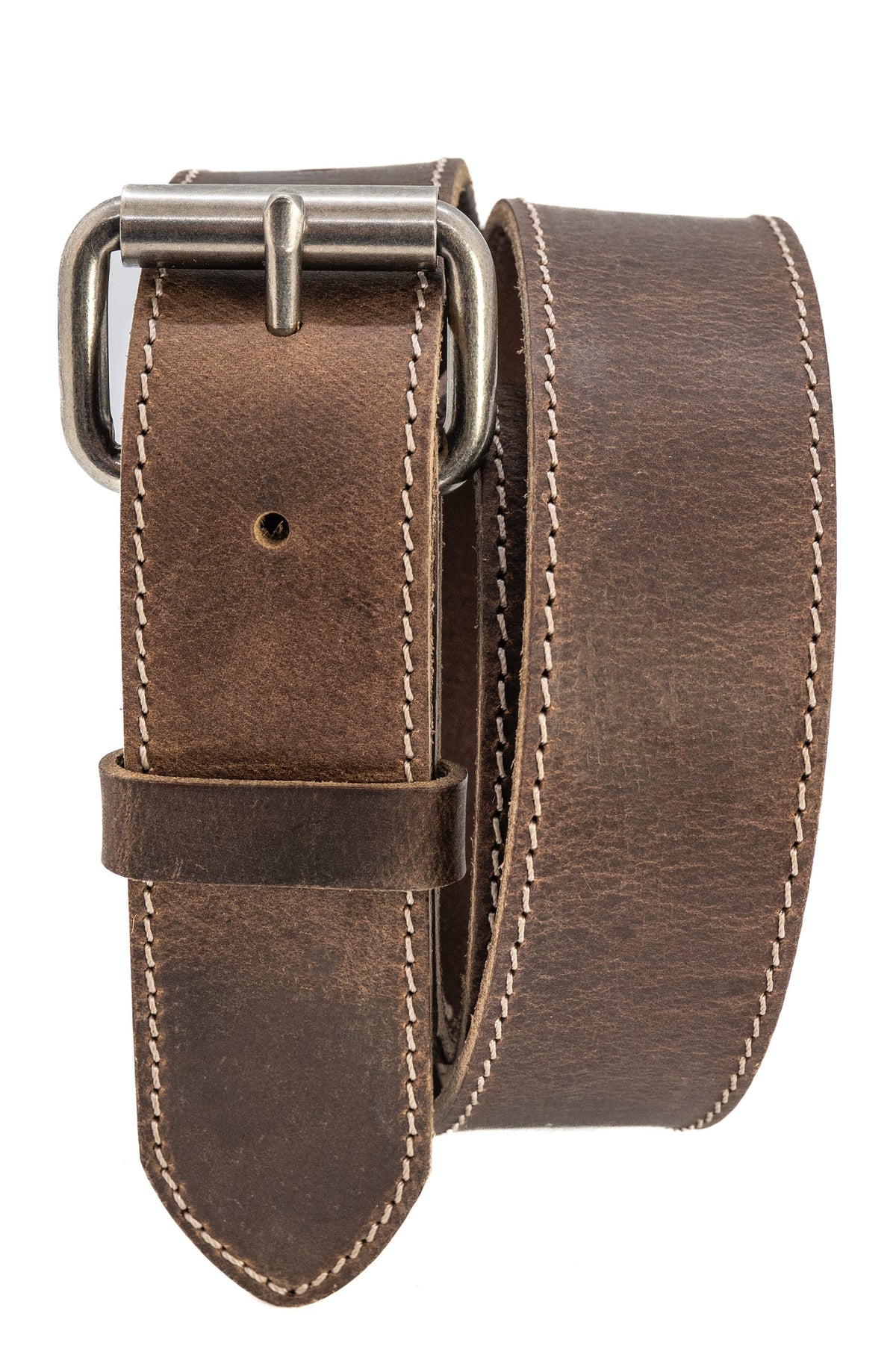 Brown leather belt with silver buckle on a white background