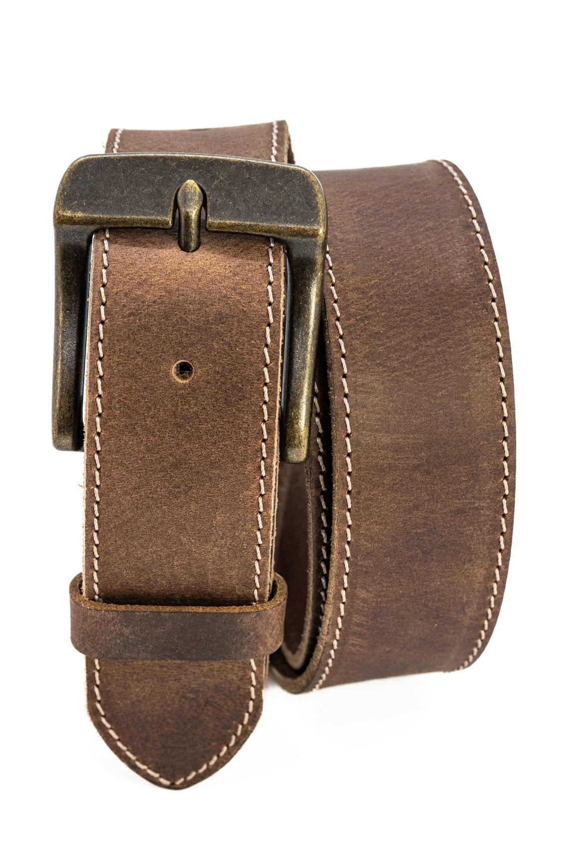 Brown leather belt with brass buckle on a white background