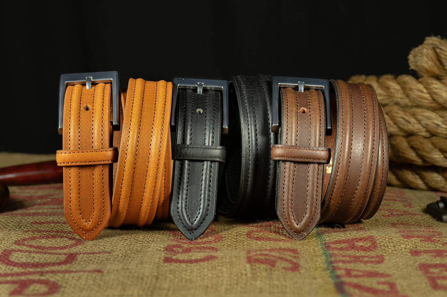 Buffalo Leather Dress Belts with Raised Ridge Accent - 1.25" Wide