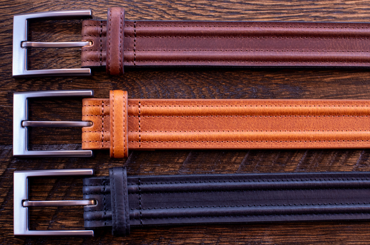 Buffalo Leather Dress Belts with Raised Stitched Leather 