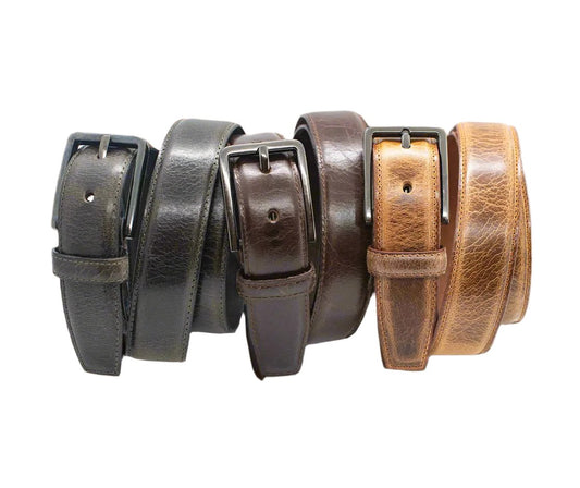 Buffalo Leather Dress belts with distressed glazed finish - 3 colors - Tan, Brown, or Black