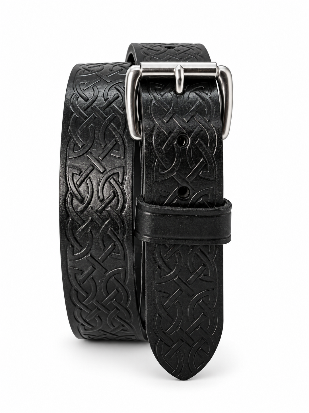 Black Celtic knot embossed full-grain harness leather belt with stainless steel roller buckle.