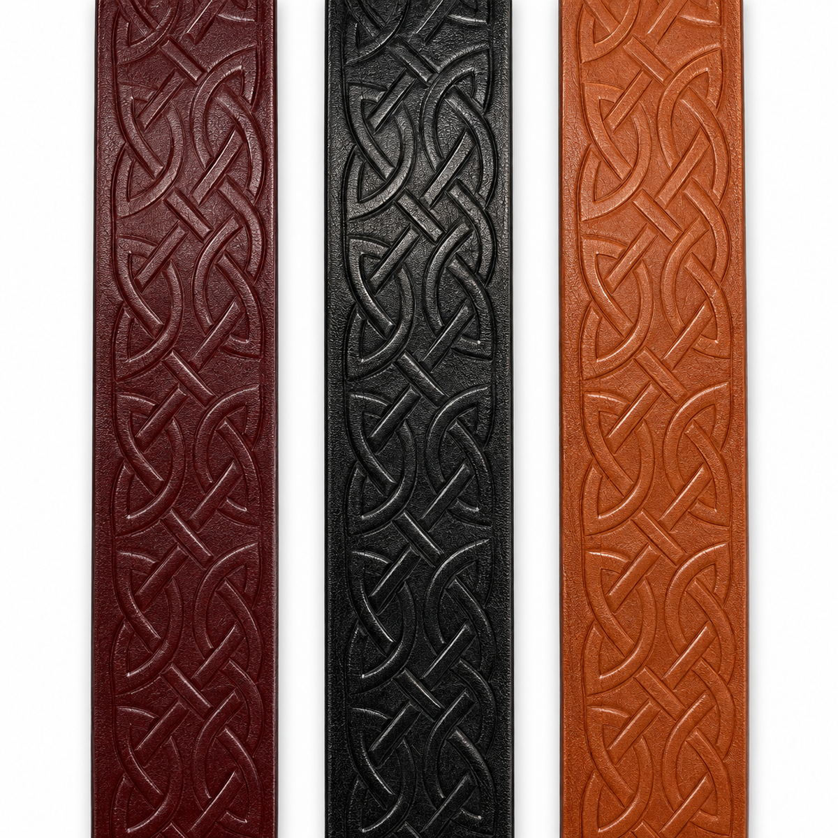 Close-up of the Celtic knot pattern embossed into brown, black, and tan full-grain harness leather.
