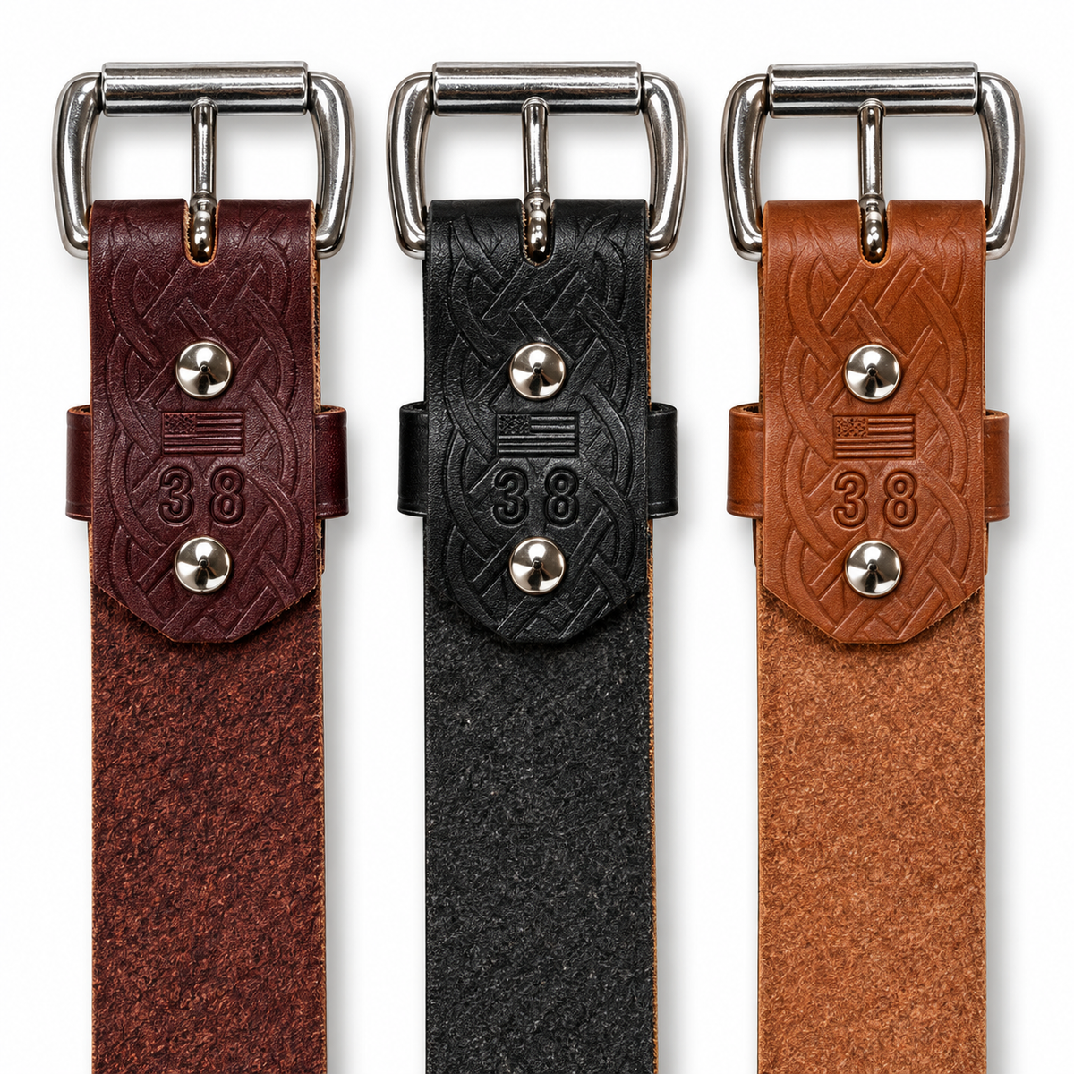 Backs of brown, black, and tan Celtic knot leather belts showing removable stainless steel Chicago screws.