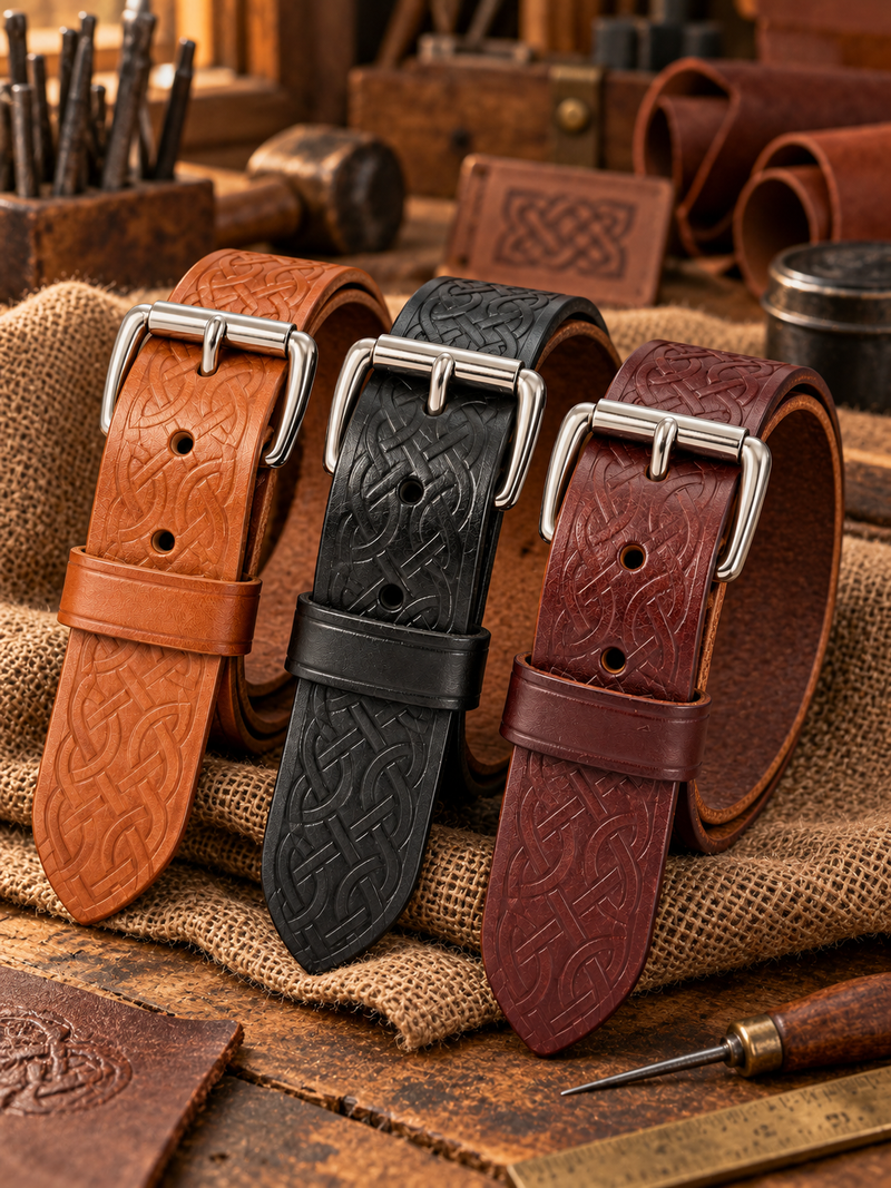 Black, brown, and tan Celtic knot leather belts displayed on burlap in a leather craftsman’s workshop.