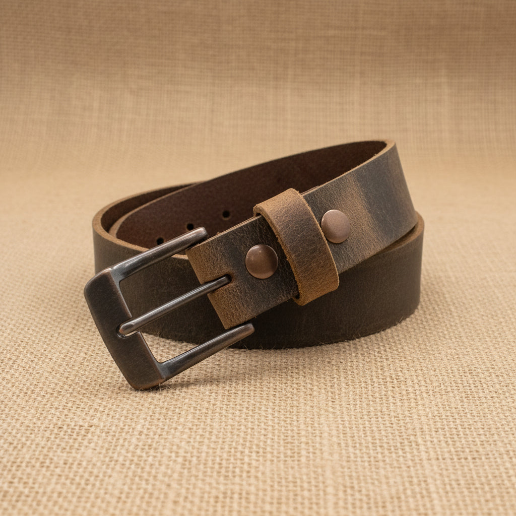 Brown leather belt with a Copper buckle on a tan burlap fabric. 
