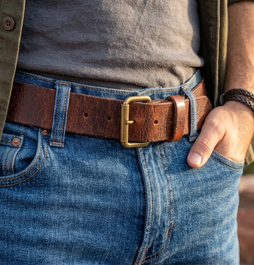 1.5" wide chestnut full grain Crazy Horse buffalo leather belt worn with blue jeans and an olive overshirt.