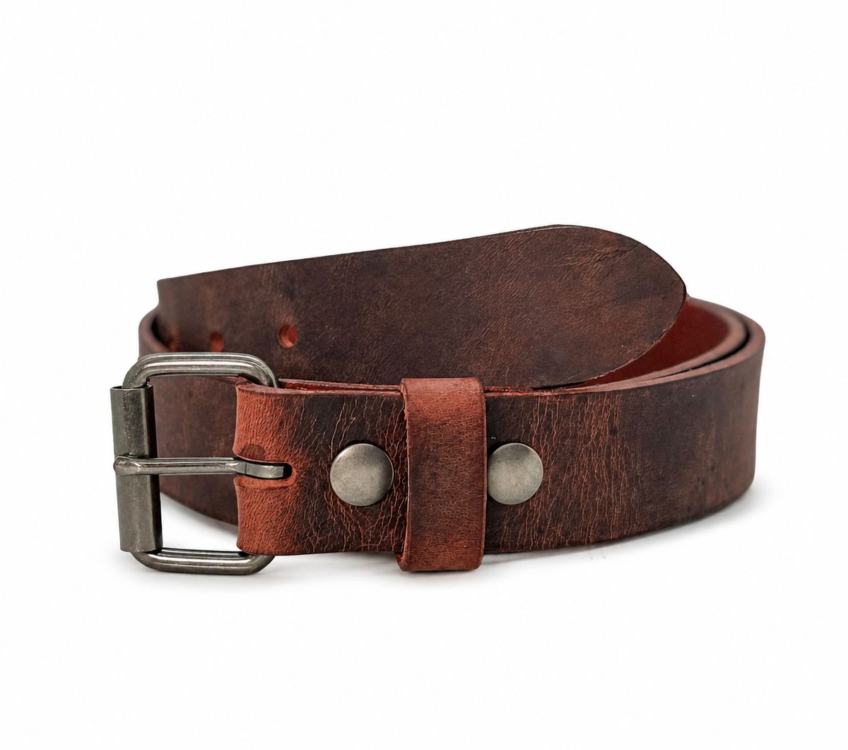 Chestnut Crazy Horse leather belt coiled with an antique nickel roller buckle, matching keeper, and two silver-tone snap caps on white.