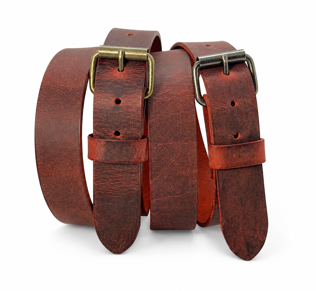 Two chestnut Crazy Horse leather belts standing side by side with antique brass and antique nickel roller buckles.