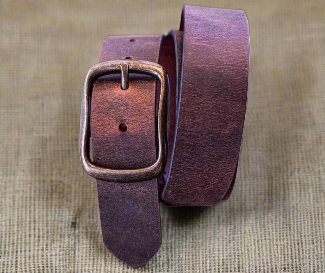 Full Grain Crazy Horse Leather Belt w/Center Bar Buckle  - Brown - 1.5" Wide