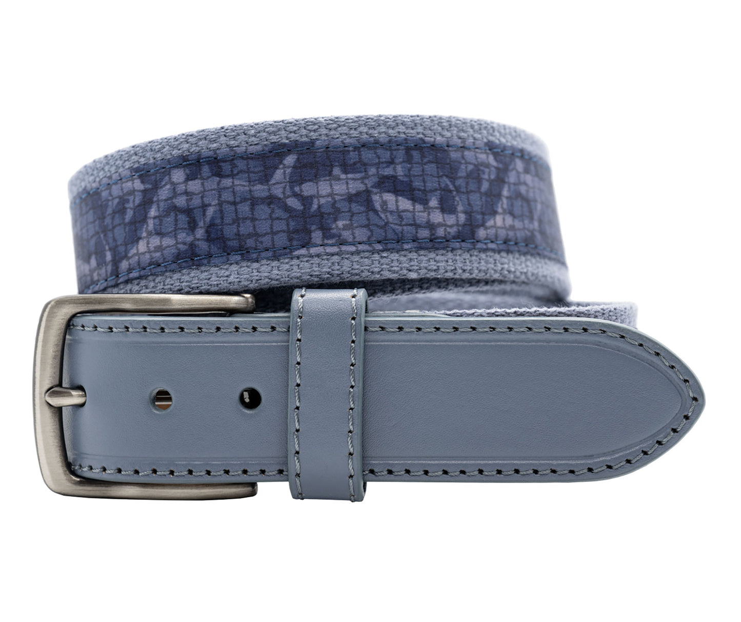 Greg Norman Ribbon / Embroidery Golf Belt with Shark Ribbon Inlay - Gray/Navy