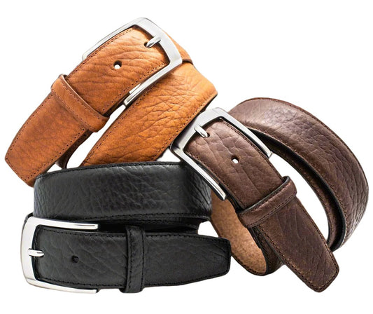 Buffalo leather dress belts with deep grain texture - three colors - Tan, Black, or Brown