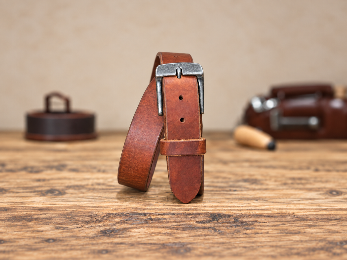 A full grain harness leather belt with a silver-toned metal buckle, standing upright on a rustic wooden surface with a warm beige background.