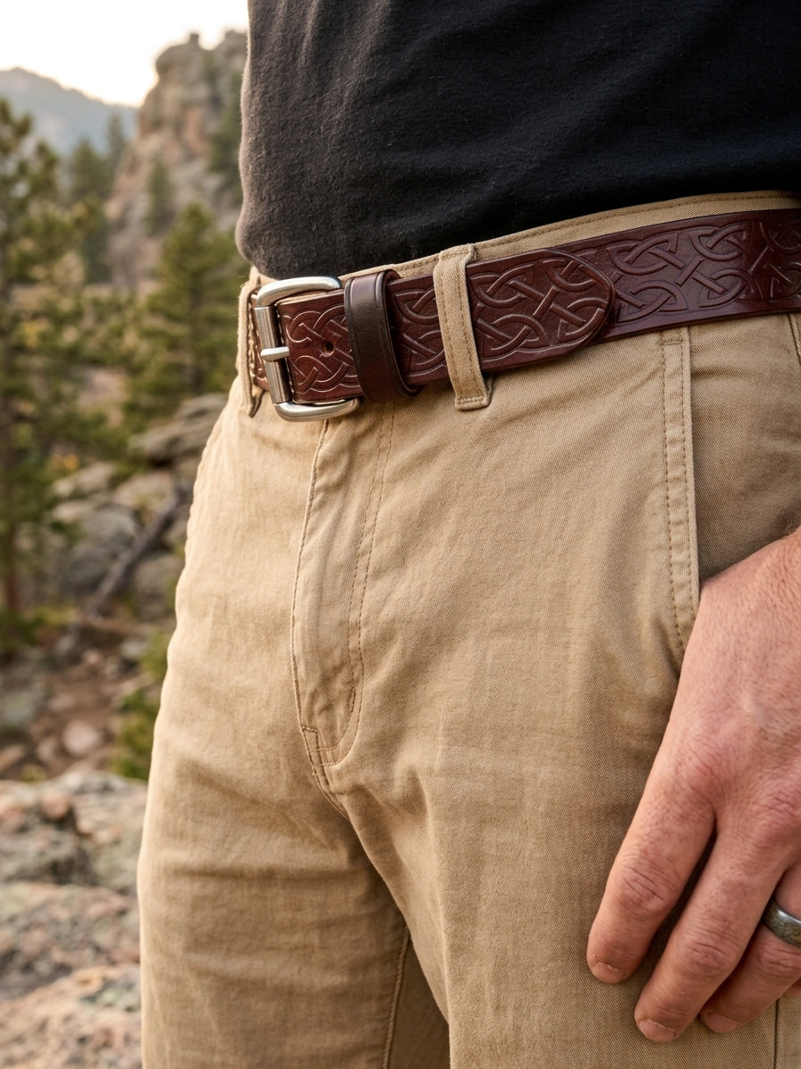 Man wearing a brown Celtic knot embossed leather belt with khaki pants in a Colorado mountain setting.
