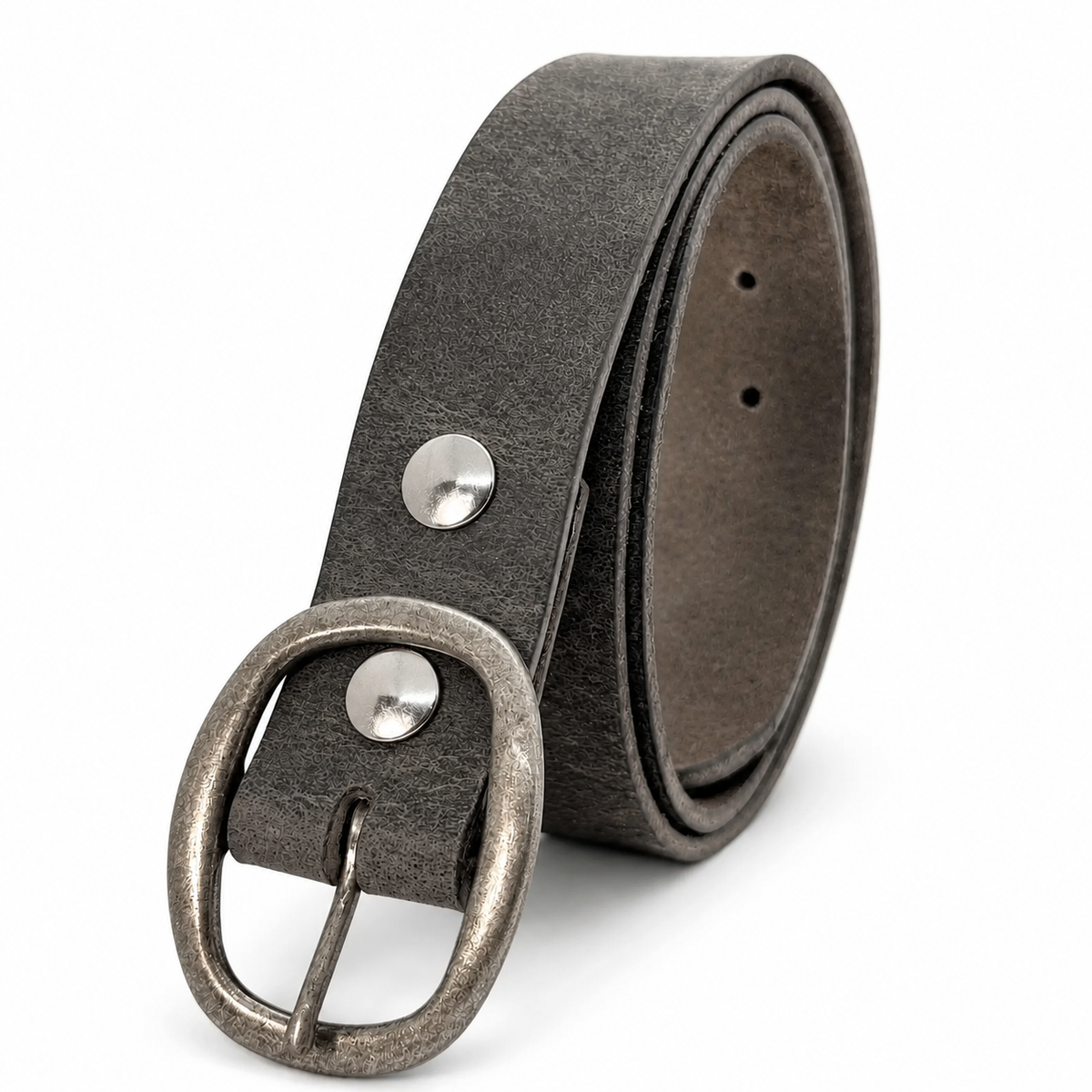 A dark gray leather belt with a distressed silver-tone buckle and silver rivets, coiled on a white background.
