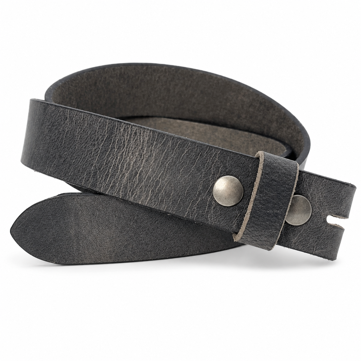 A dark gray textured leather belt with a split buckle design and two silver-tone metal rivets, coiled on a white background.